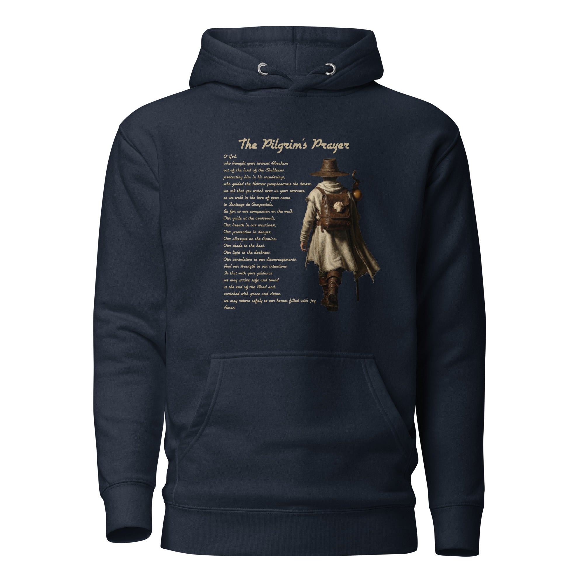 The Pilgrim's Prayer Camino de Santiago faith hoodie in Navy Blazer — pilgrim gif