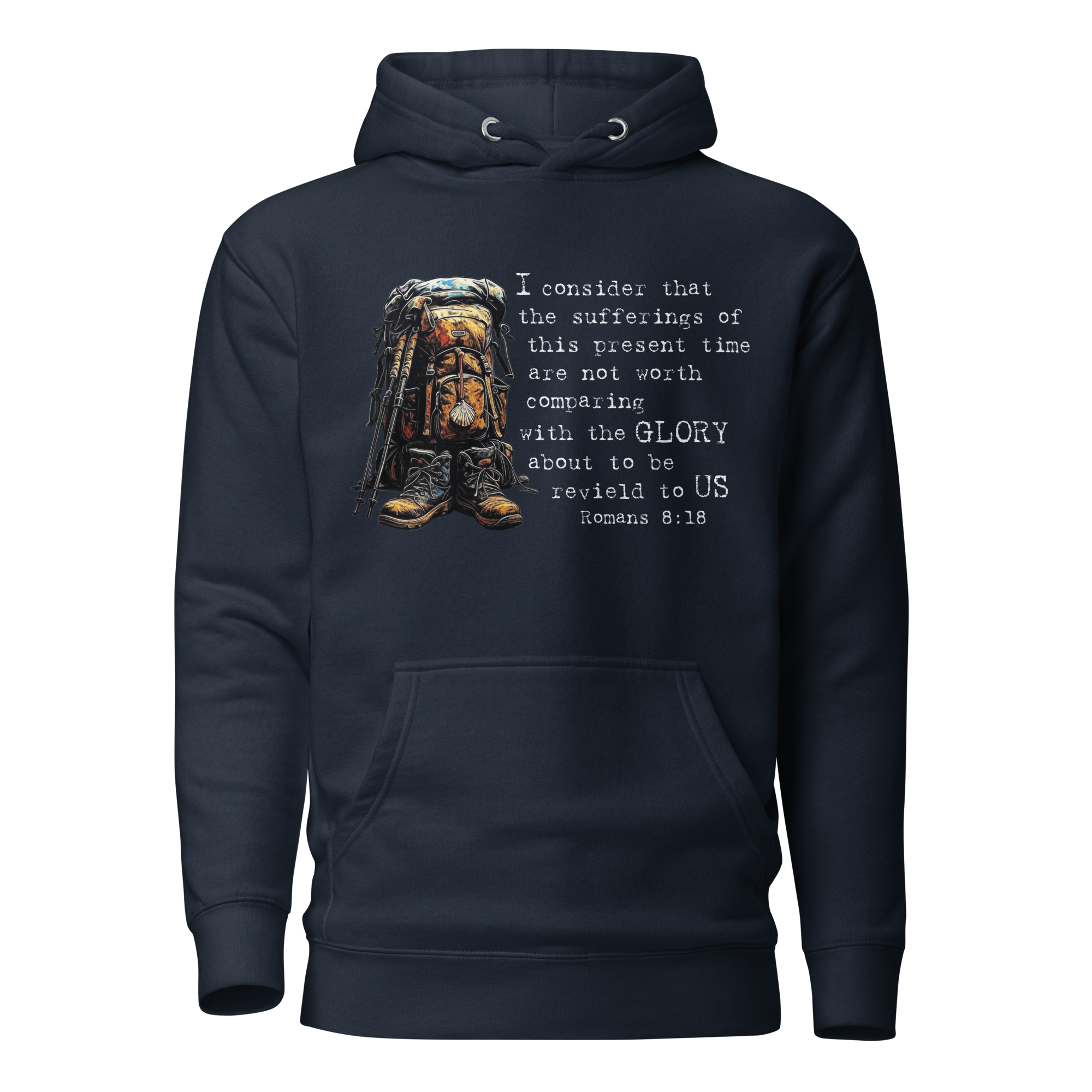 El Camino Backpacker Romans 8:18 Camino de Santiago faith hoodie in Navy— pilgrim gift