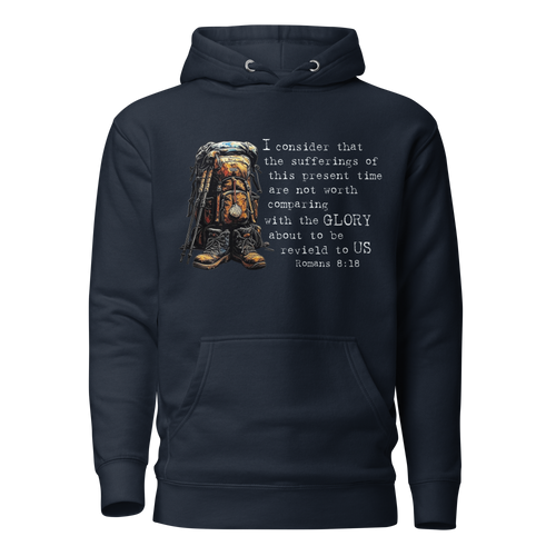 El Camino Backpacker Romans 8:18 Camino de Santiago faith hoodie in Navy— pilgrim gift