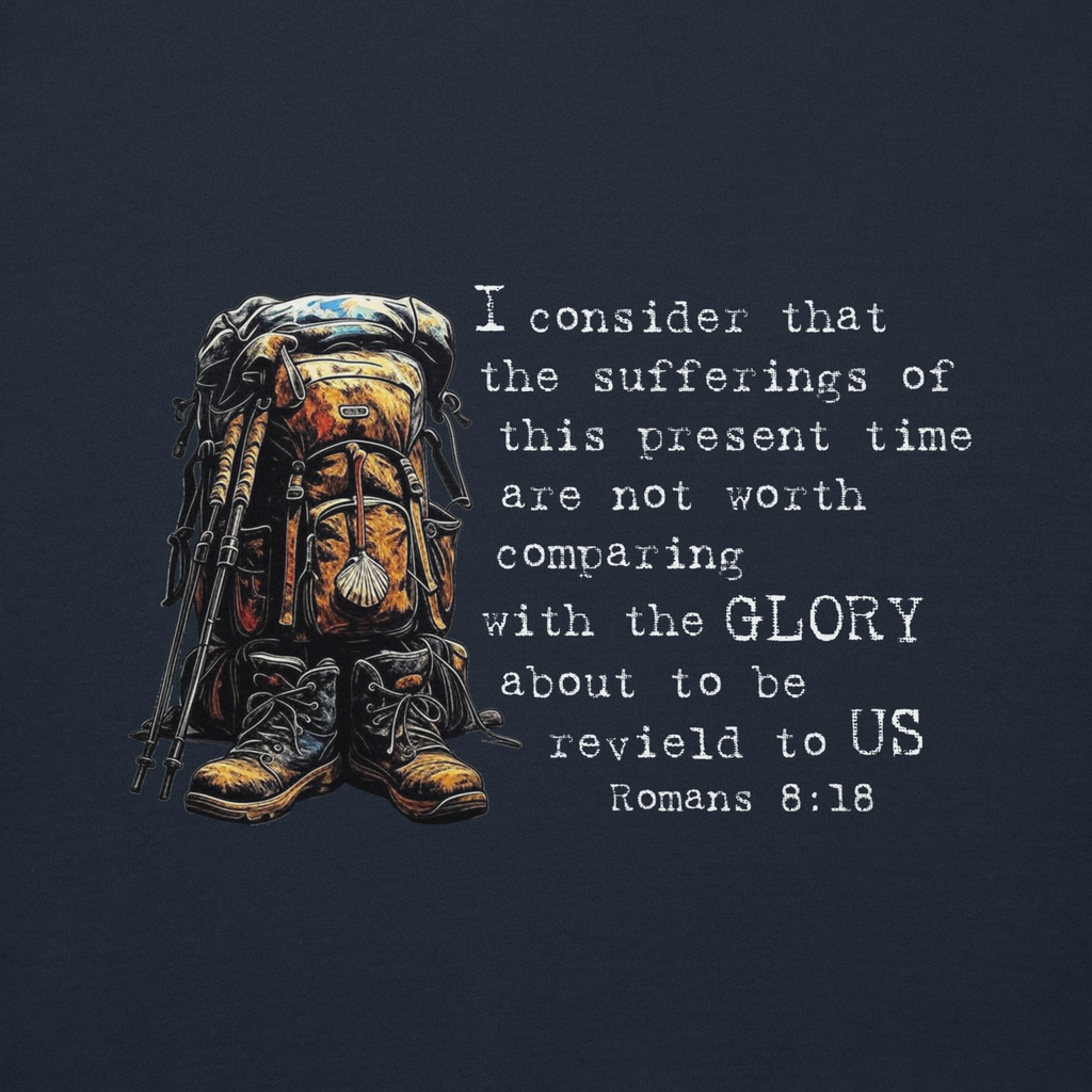 El Camino Backpacker Romans 8:18 Camino de Santiago faith hoodie in Navy— pilgrim gift