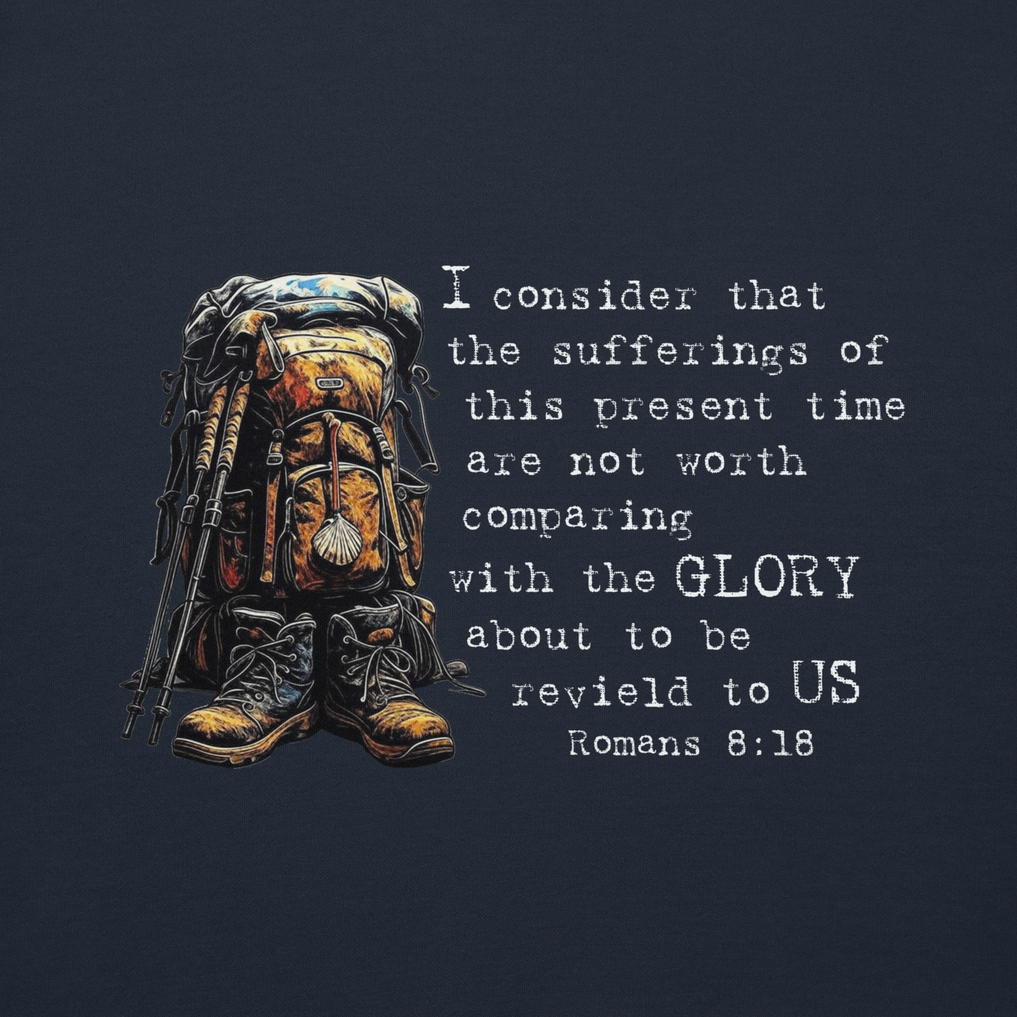 El Camino Backpacker Romans 8:18 Camino de Santiago faith hoodie in Navy— pilgrim gift