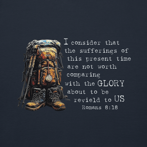 El Camino Backpacker Romans 8:18 Camino de Santiago faith hoodie in Navy— pilgrim gift