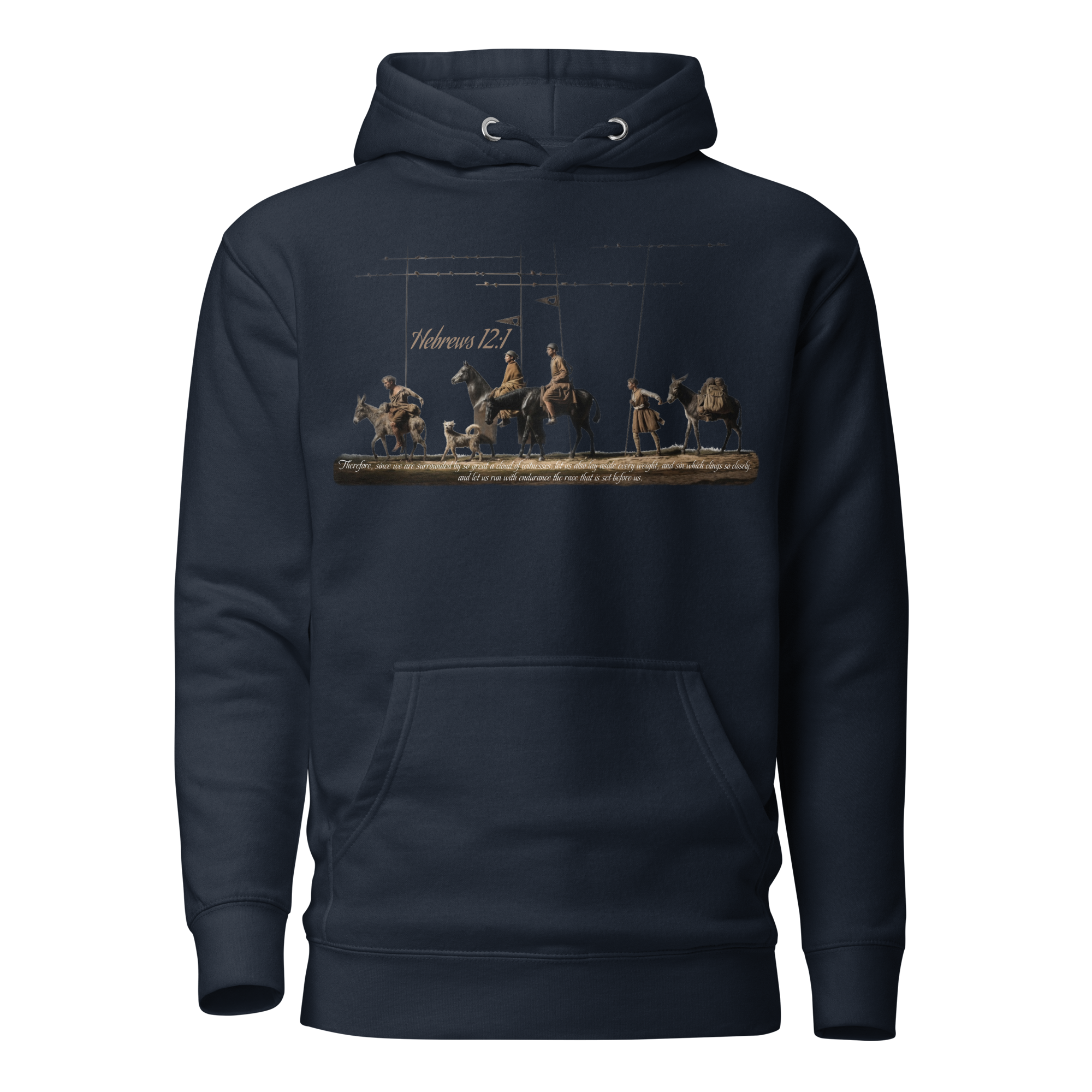 Alto del Perdón Hebrews 12:1 Camino de Santiago faith hoodie in Navy — pilgrim gift