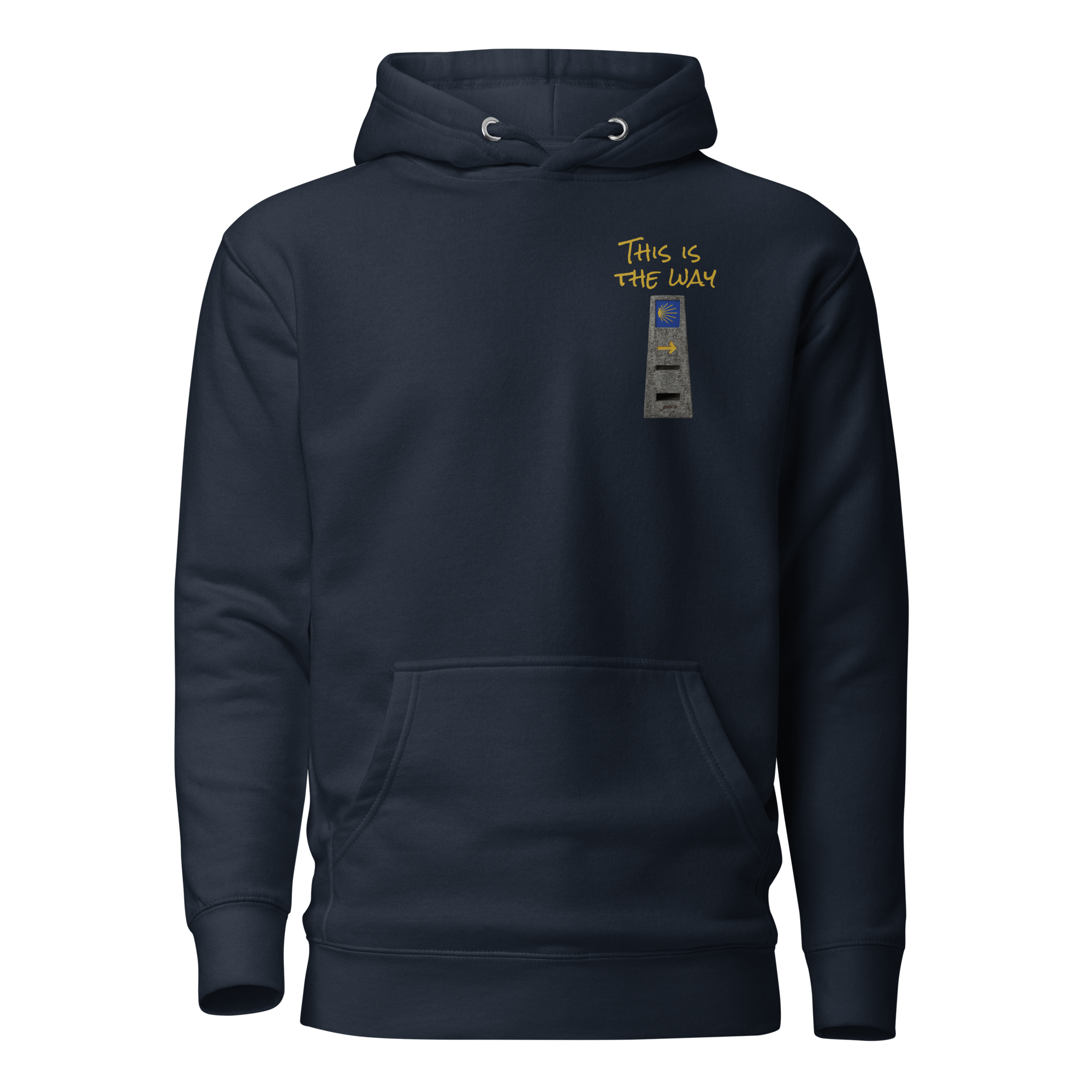 Product mockupEl Camino Milestone This is the Way Camino de Santiago hoodie in Navy Blue — pilgrim gift