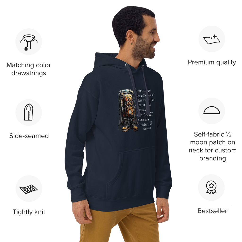 El Camino Backpacker Romans 8:18 Camino de Santiago faith hoodie  — pilgrim gift