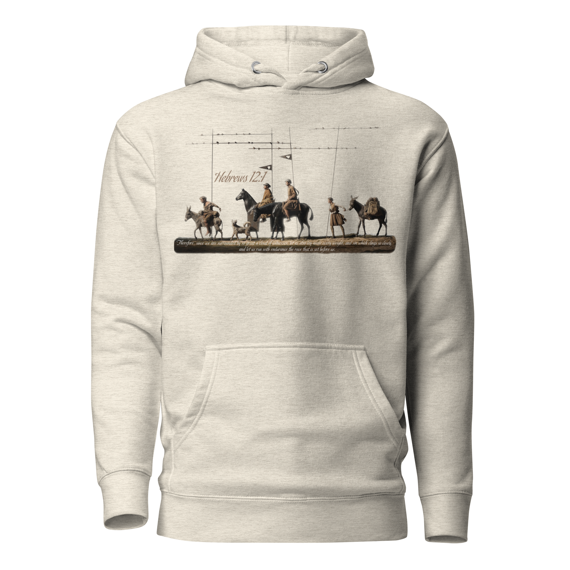 Alto del Perdón Hebrews 12:1 Camino de Santiago faith hoodie in Oatmeal — pilgrim gift