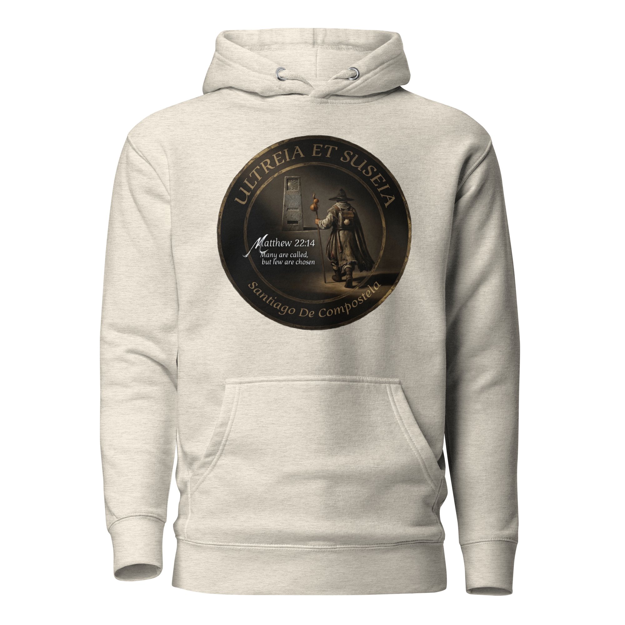 Traditional Pilgrim Matthew 22:14 Camino de Santiago faith hoodie in Oatmeal — pilgrim gift