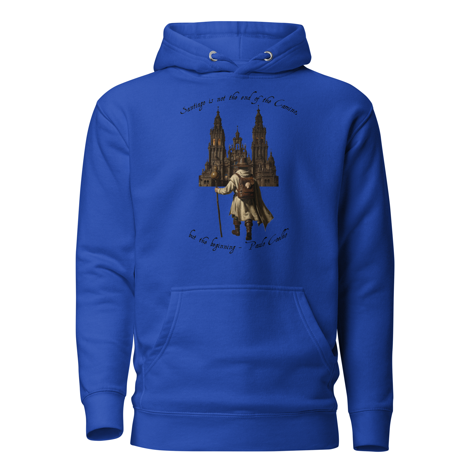 Camino de Santiago pilgrim hoodie — El Camino is Only the Beginning unisex pullover in royal blue