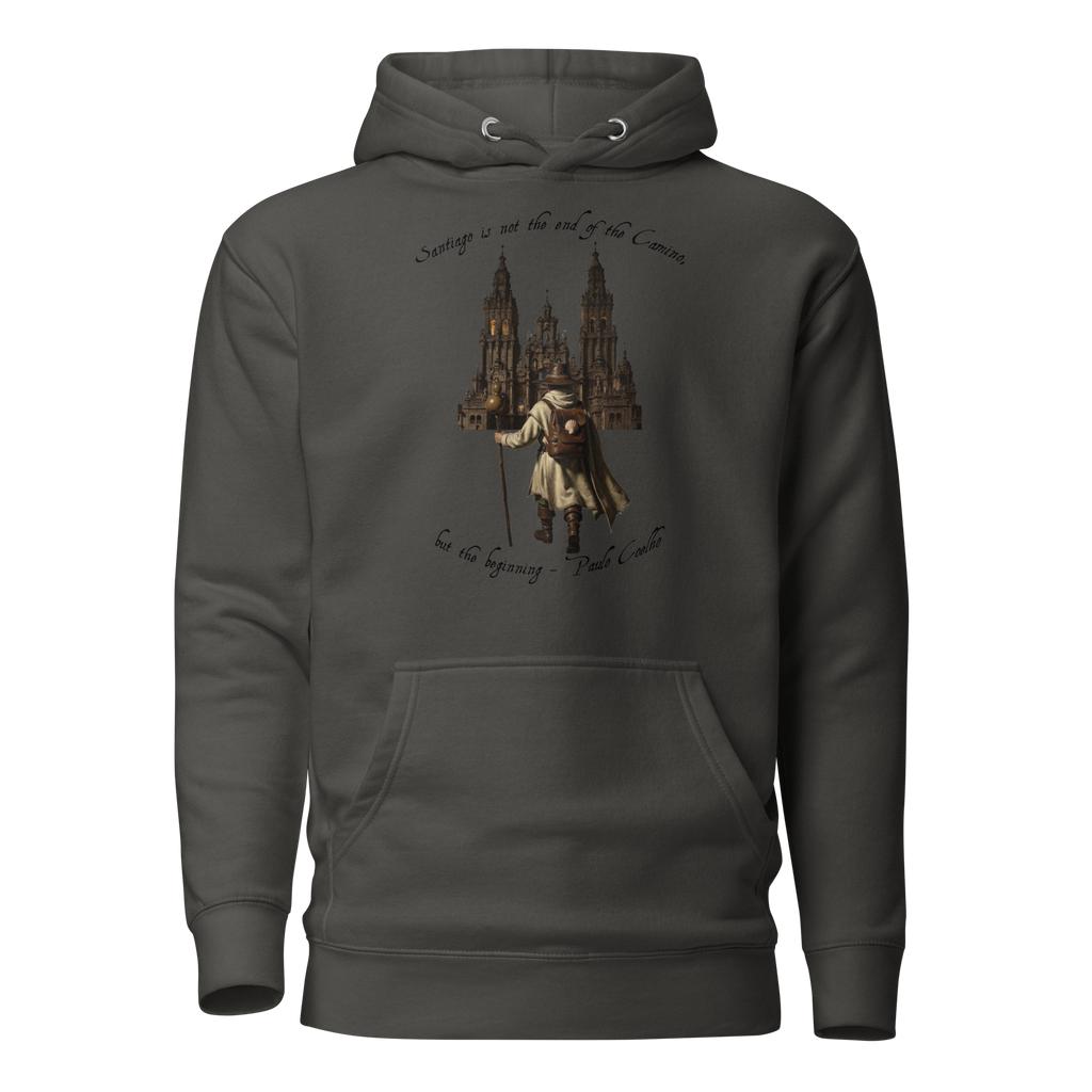 Camino de Santiago pilgrim hoodie — El Camino is Only the Beginning unisex pullover in vintage black