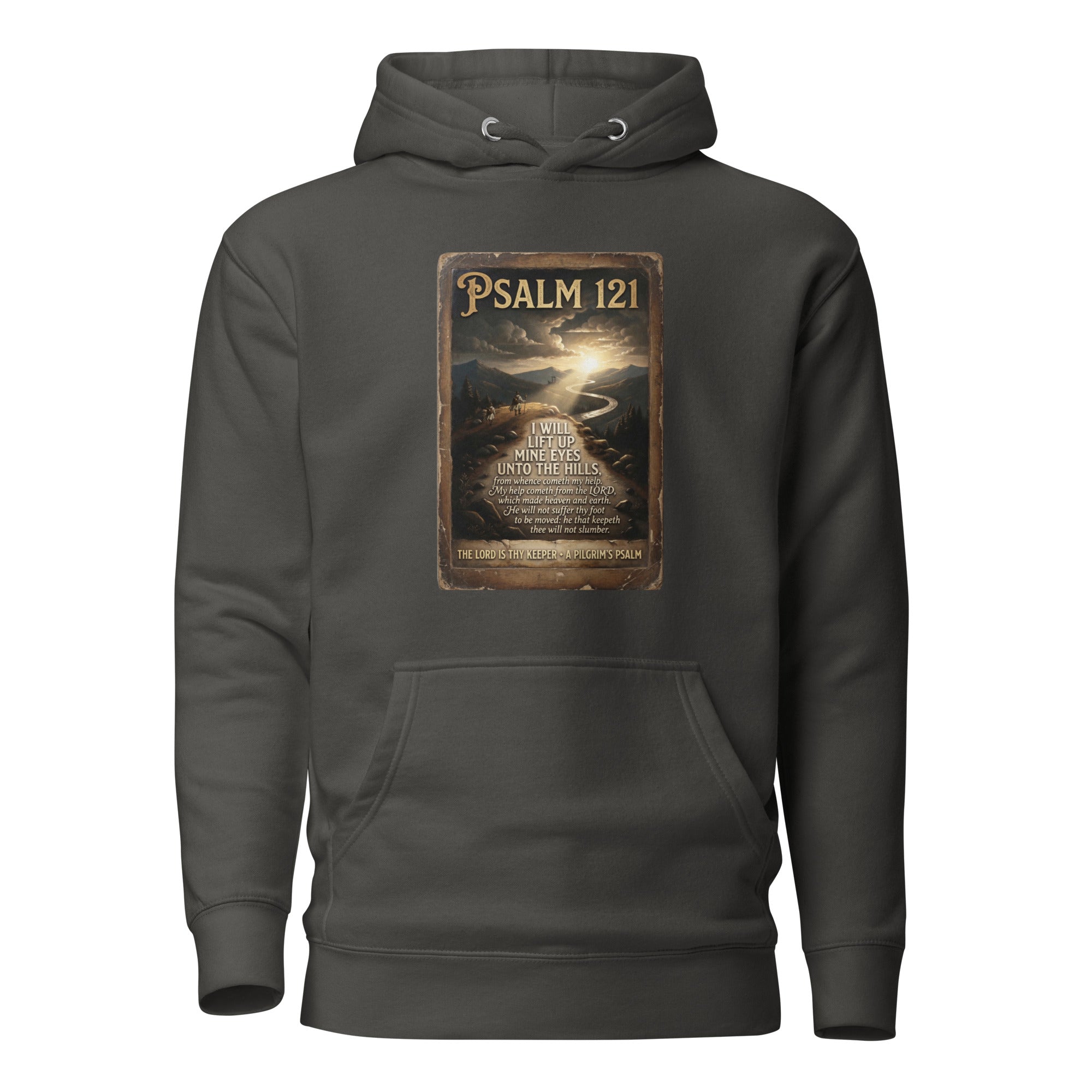 The Pilgrim's Psalm Psalm 121 Camino de Santiago faith hoodie in vintage Black — pilgrim gift