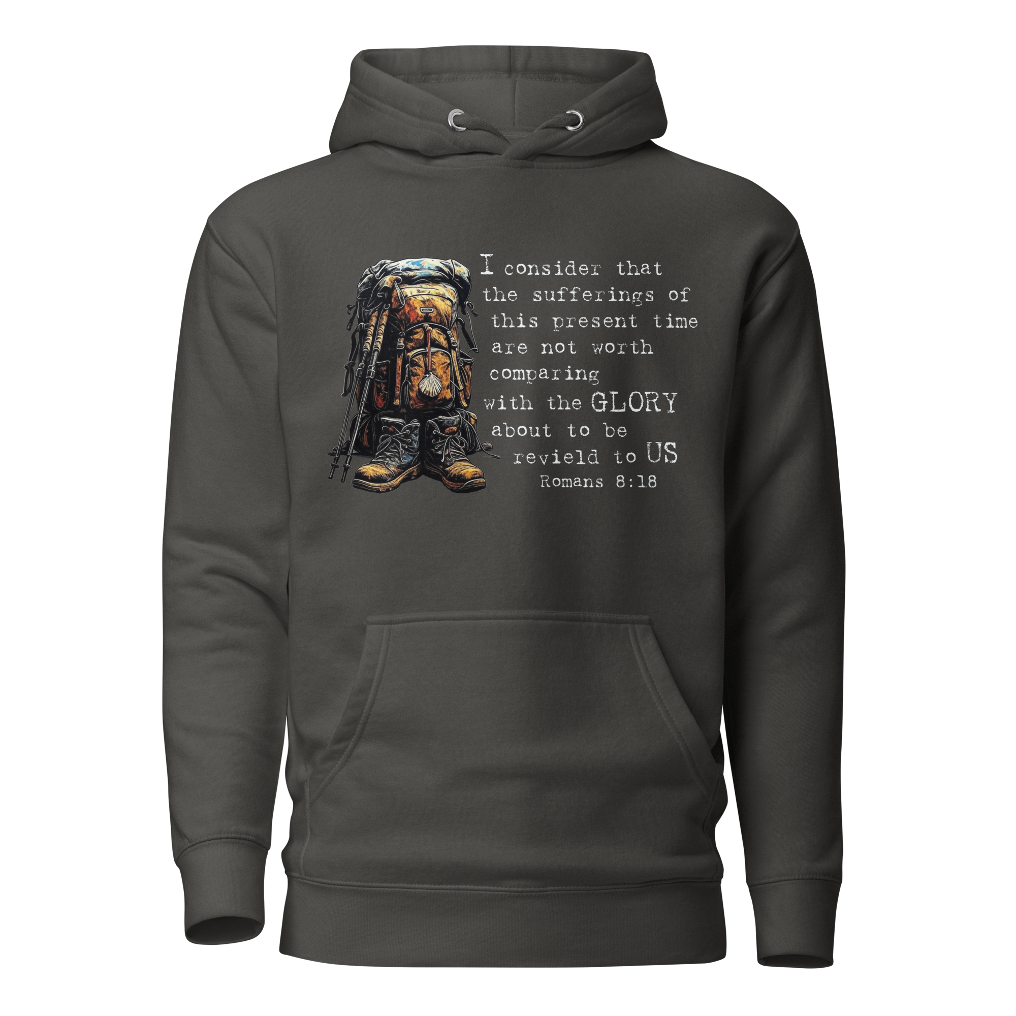 El Camino Backpacker Romans 8:18 Camino de Santiago faith hoodie in Vintage Black — pilgrim gift