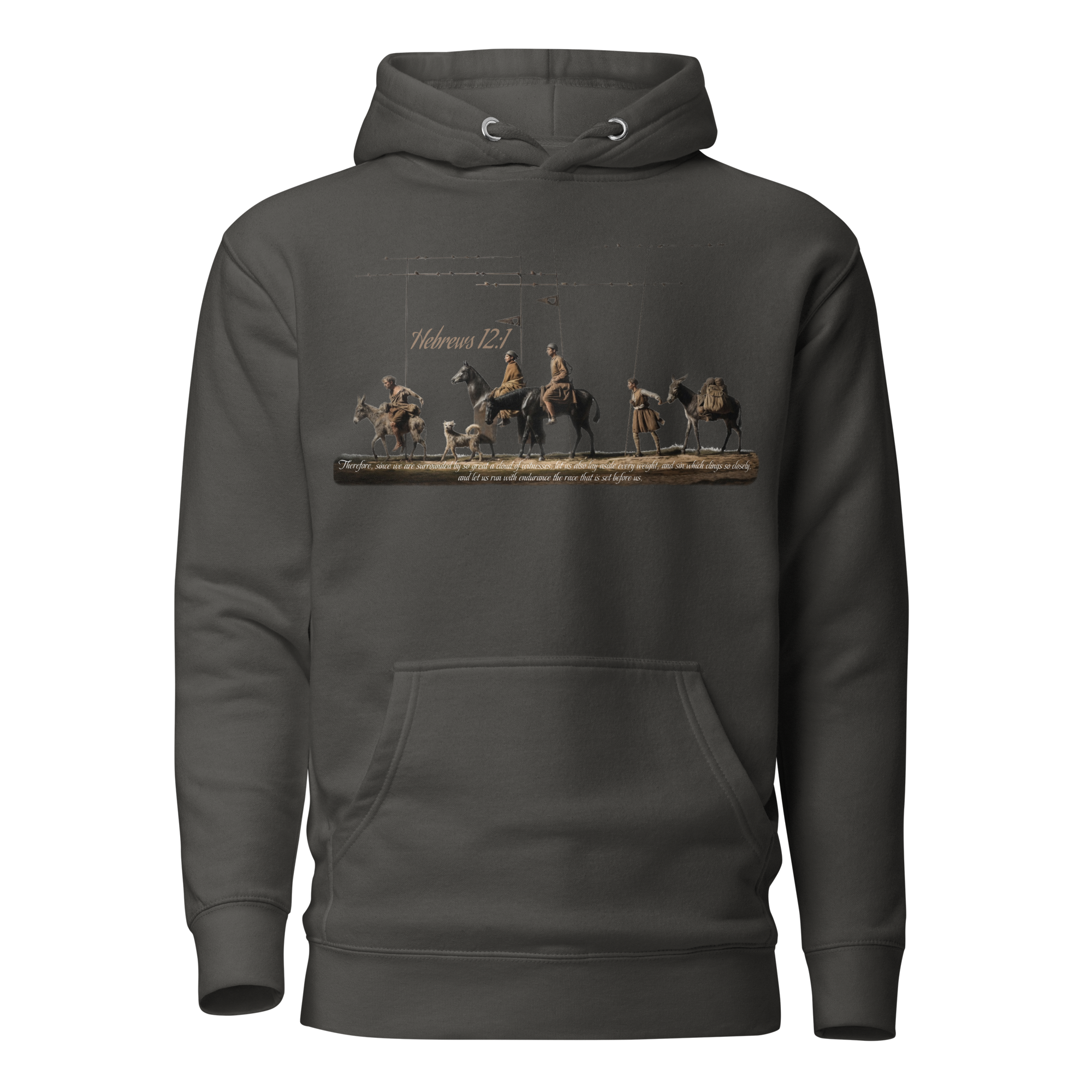 Alto del Perdón Hebrews 12:1 Camino de Santiago faith hoodie in Vintage Black — pilgrim gift