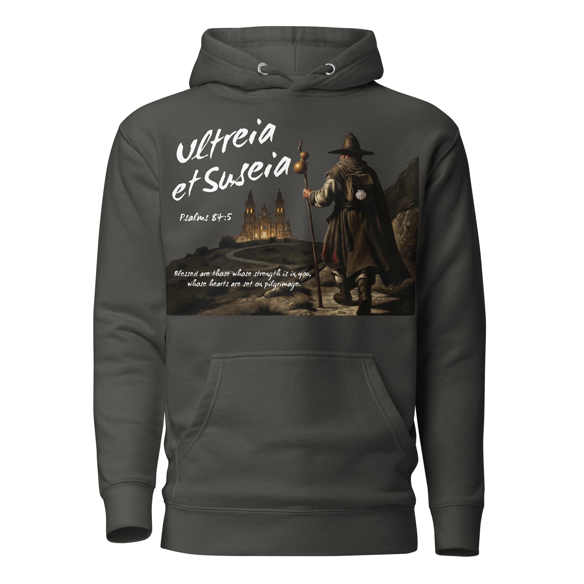 Ultreia et Suseia Psalm 84:5 Camino de Santiago pilgrim arrival hoodie in Vintage Black — faith gift