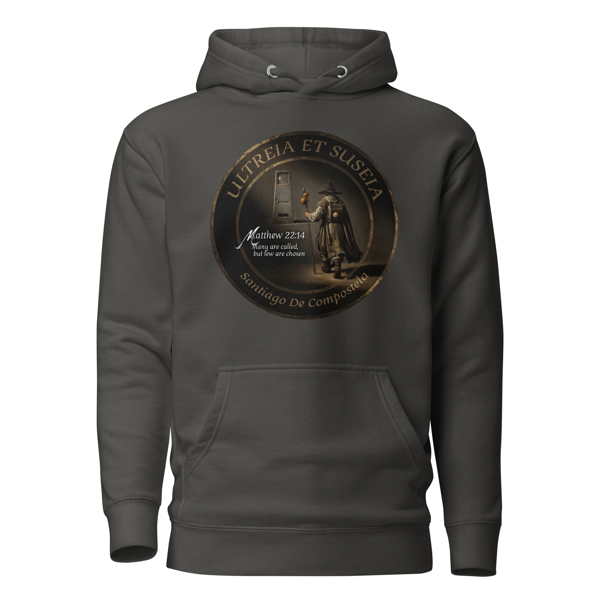 Traditional Pilgrim Matthew 22:14 Camino de Santiago faith hoodie in Vintage Black — pilgrim gift