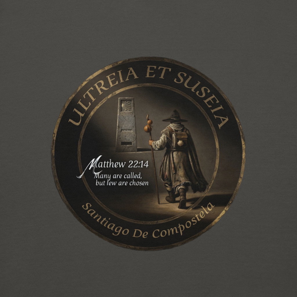 Traditional Pilgrim Matthew 22:14 Camino de Santiago faith hoodie in Vintage Black — pilgrim gift