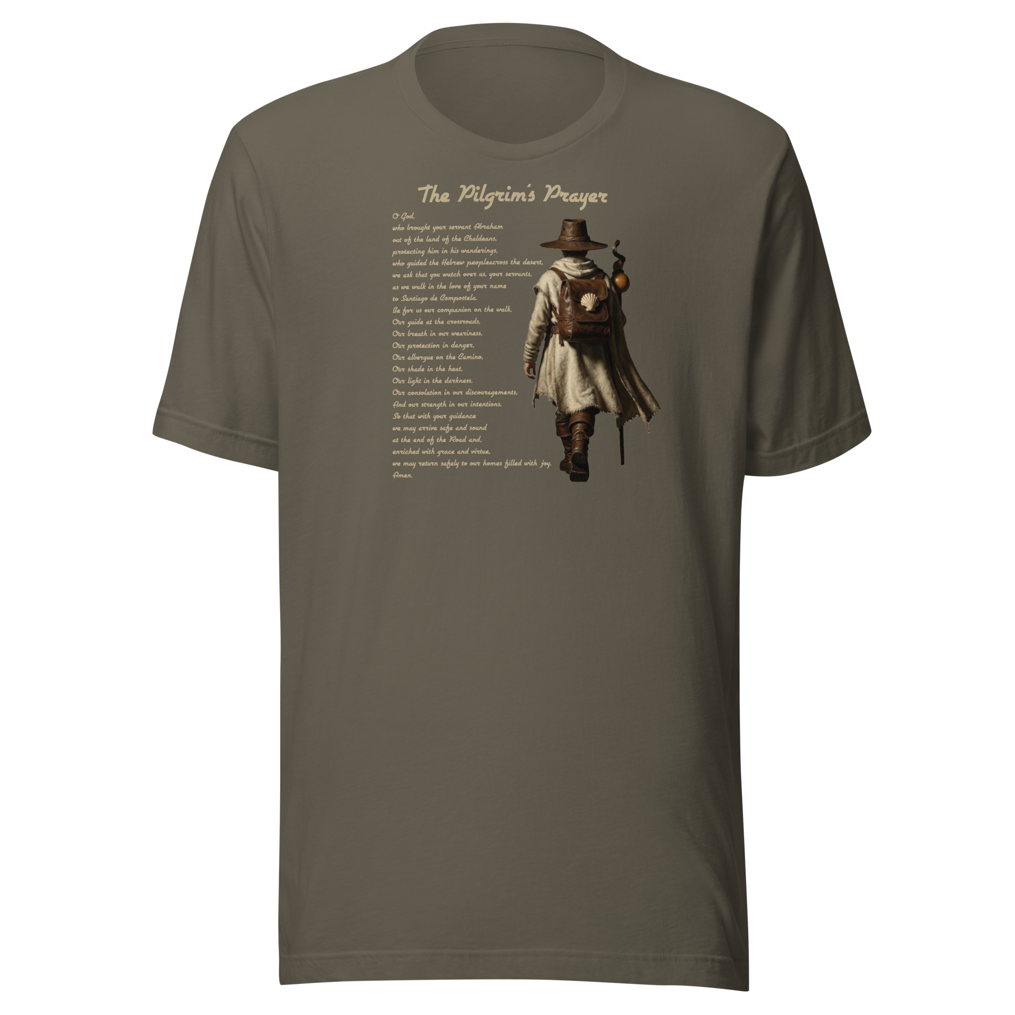 The Pilgrim's Prayer Camino de Santiago faith t-shirt in Army Green  — pilgrim gift