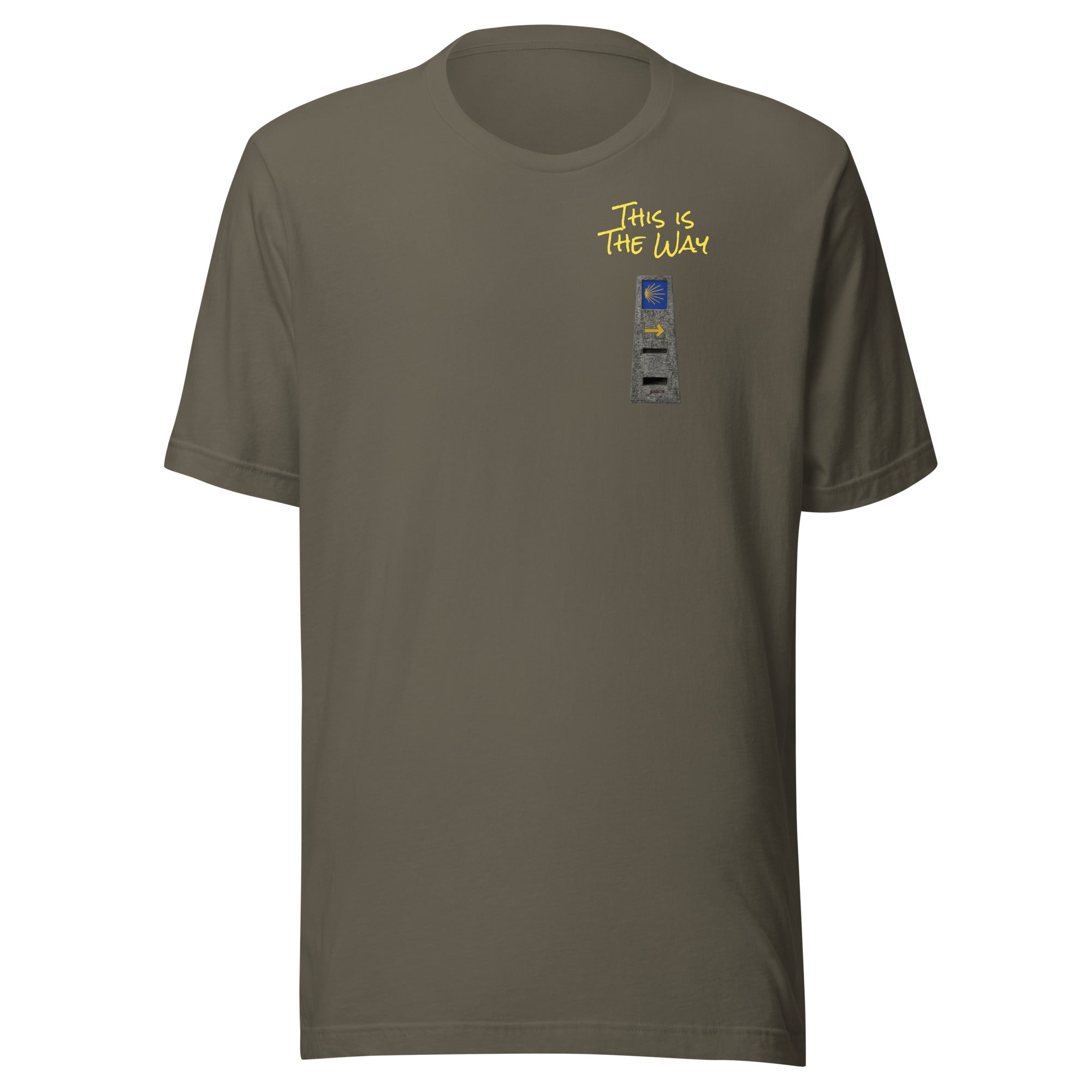 El Camino Milestone This is the Way Camino de Santiago faith t-shirt in Army — pilgrim gift