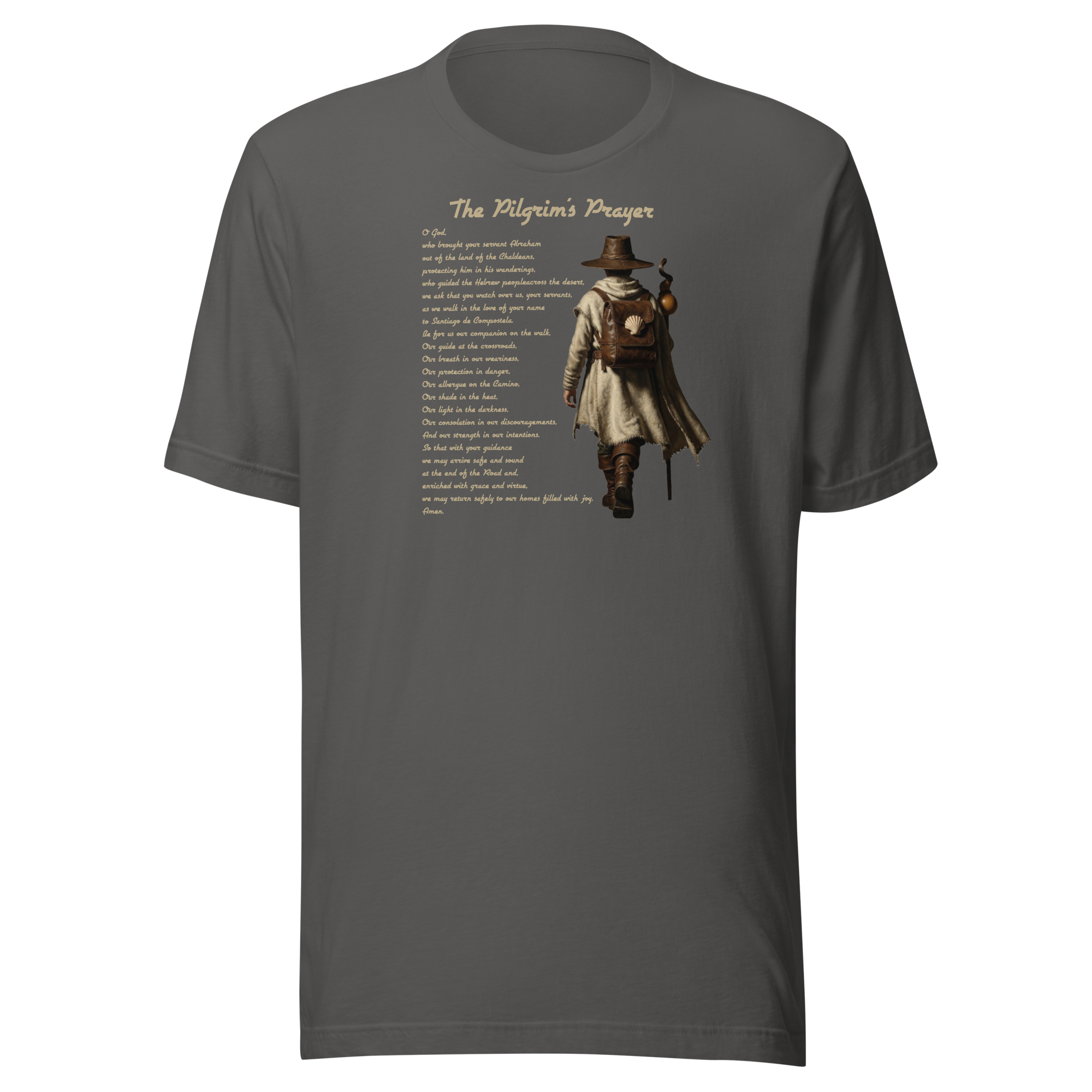 The Pilgrim's Prayer Camino de Santiago faith t-shirt in asphalt  — pilgrim gift