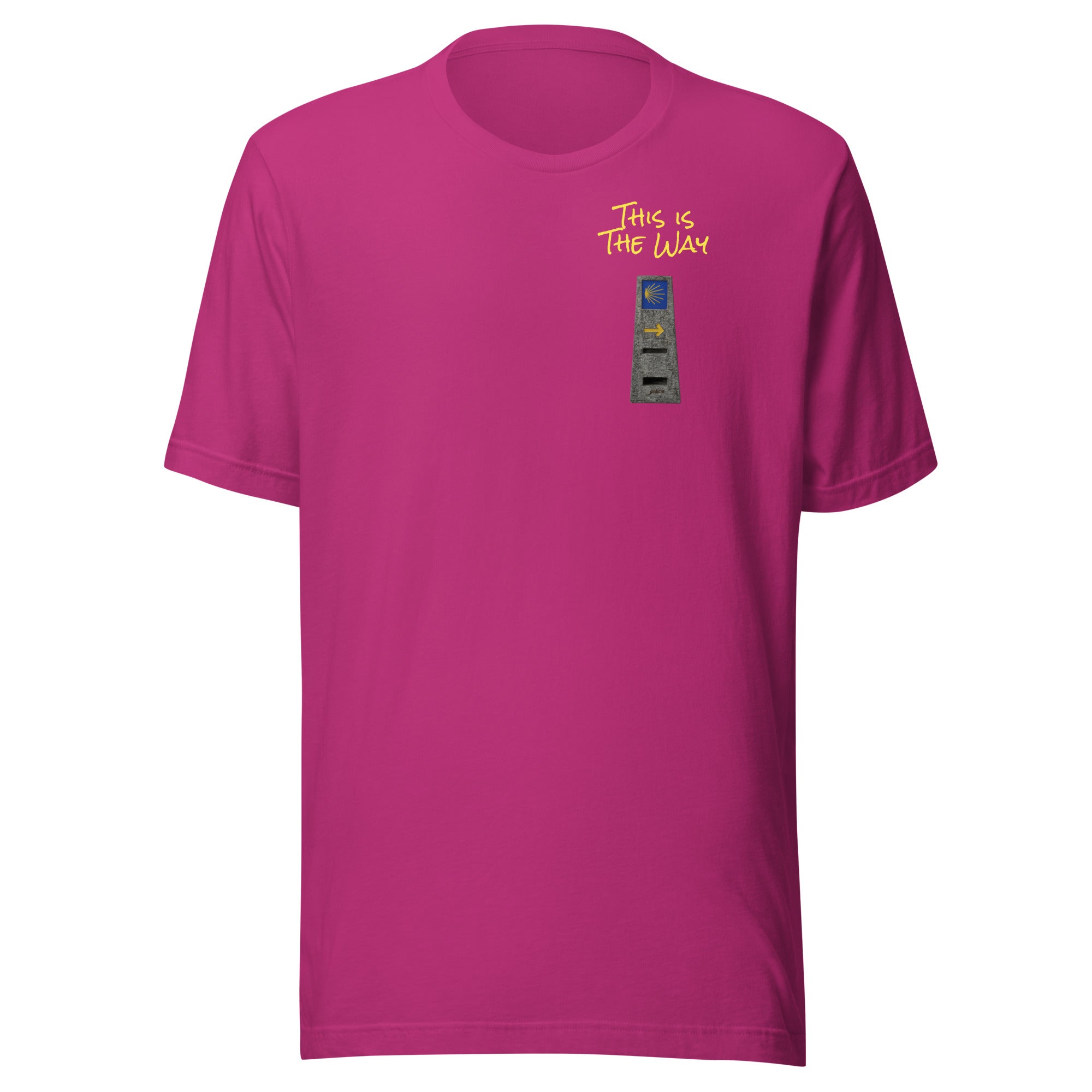 El Camino Milestone This is the Way Camino de Santiago faith t-shirt in Berry — pilgrim gift