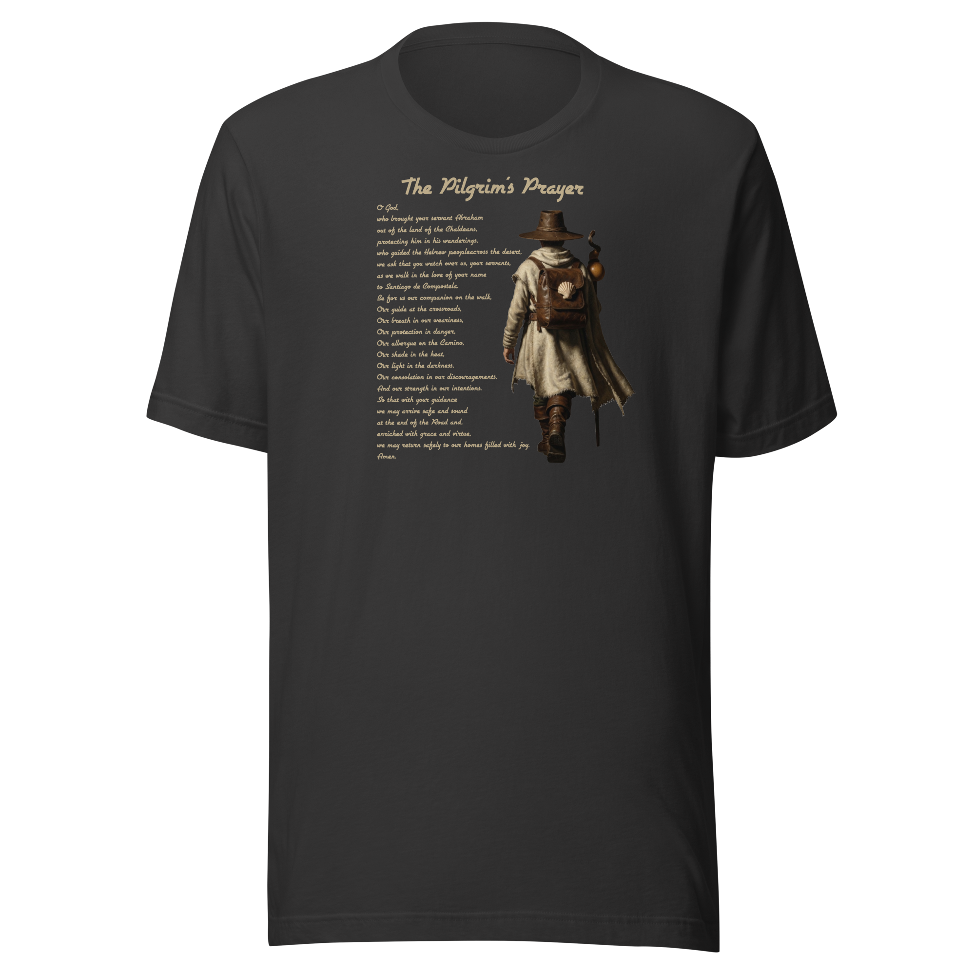 The Pilgrim's Prayer Camino de Santiago faith t-shirt in Vintage Dark Grey — pilgrim gift