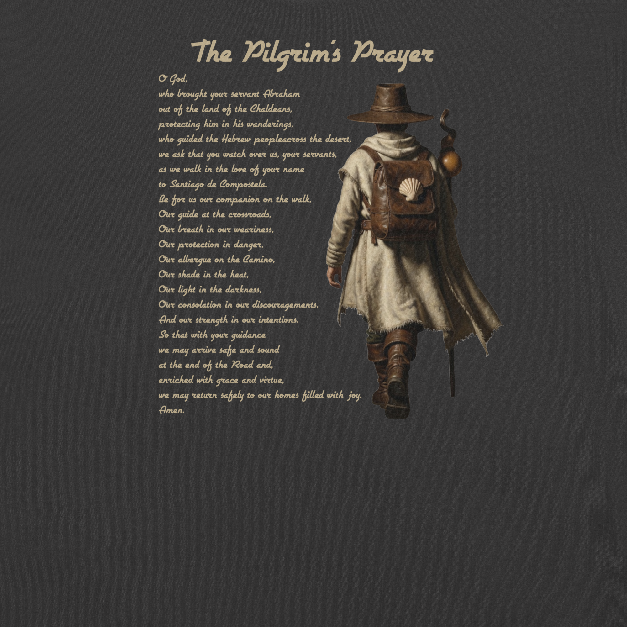 The Pilgrim's Prayer Camino de Santiago faith t-shirt in Dark Grey  — pilgrim gift
