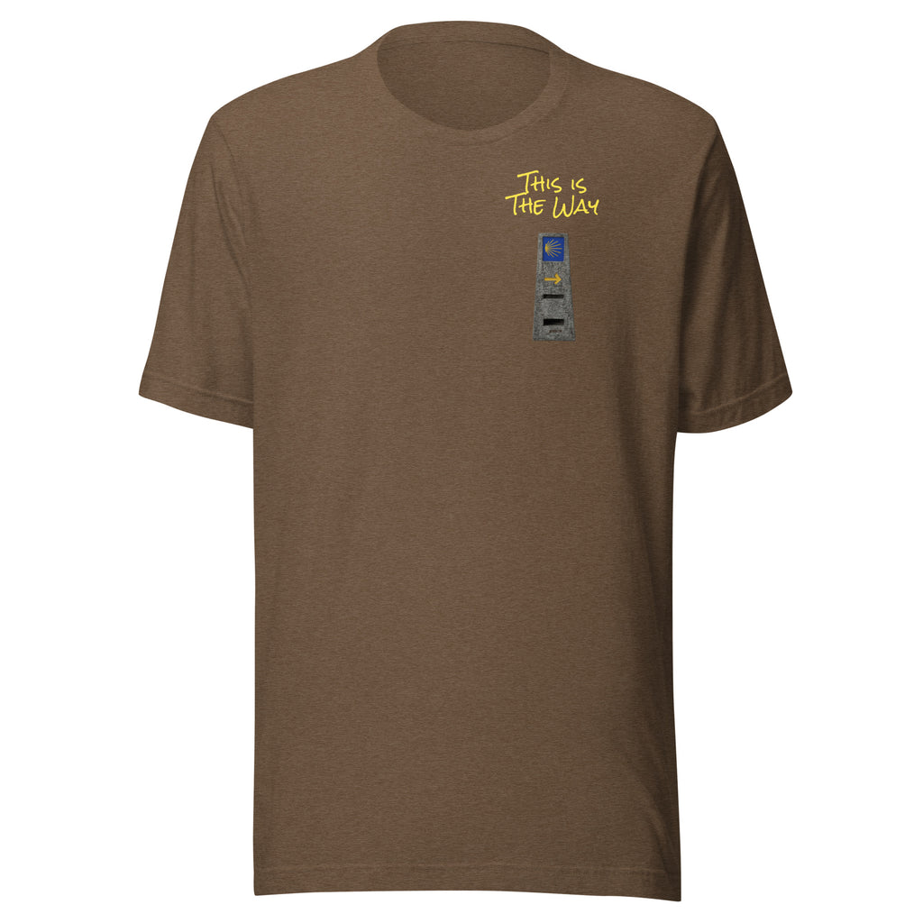El Camino Milestone This is the Way Camino de Santiago faith t-shirt in Heather Brown — pilgrim gift