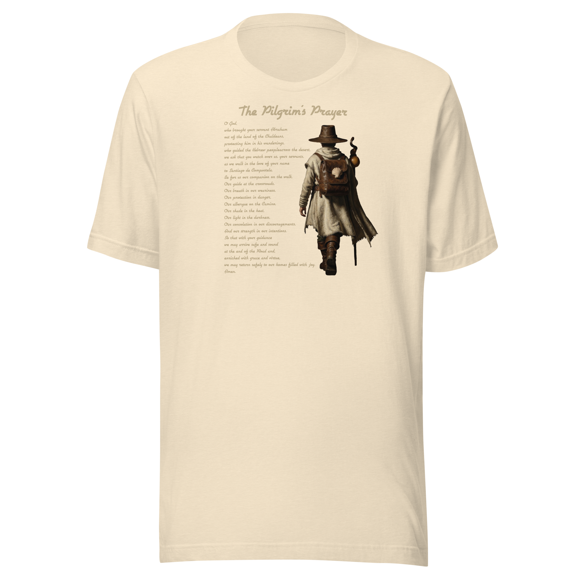 The Pilgrim's Prayer Camino de Santiago faith t-shirt in Heather Natural — pilgrim gift