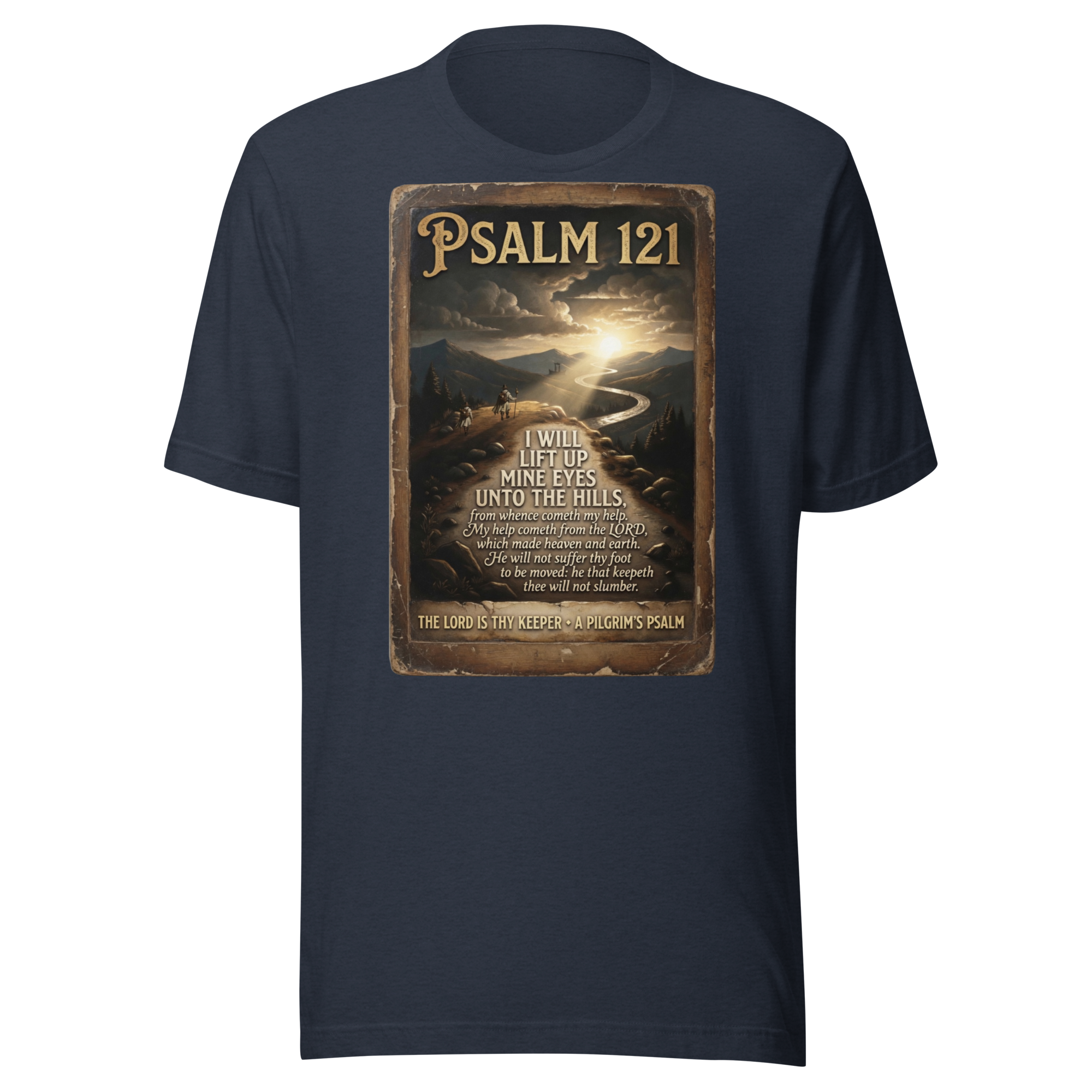 Camino de Santiago t-shirt in heather navy with Psalm 121 pilgrim scripture design — faith-inspired apparel