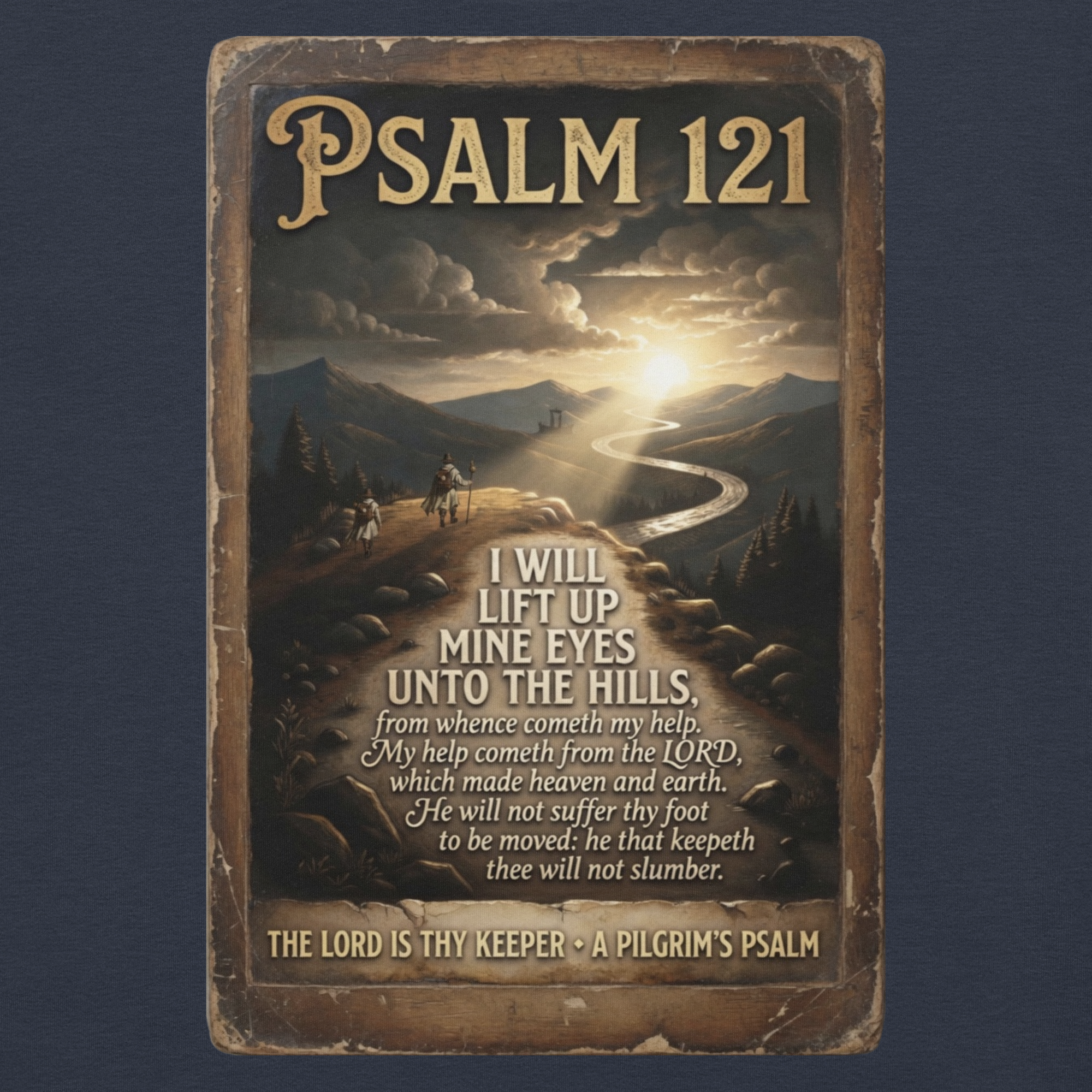 Camino de Santiago unisex pilgrim t-shirt in heather navy — Psalm 121 scripture faith apparel