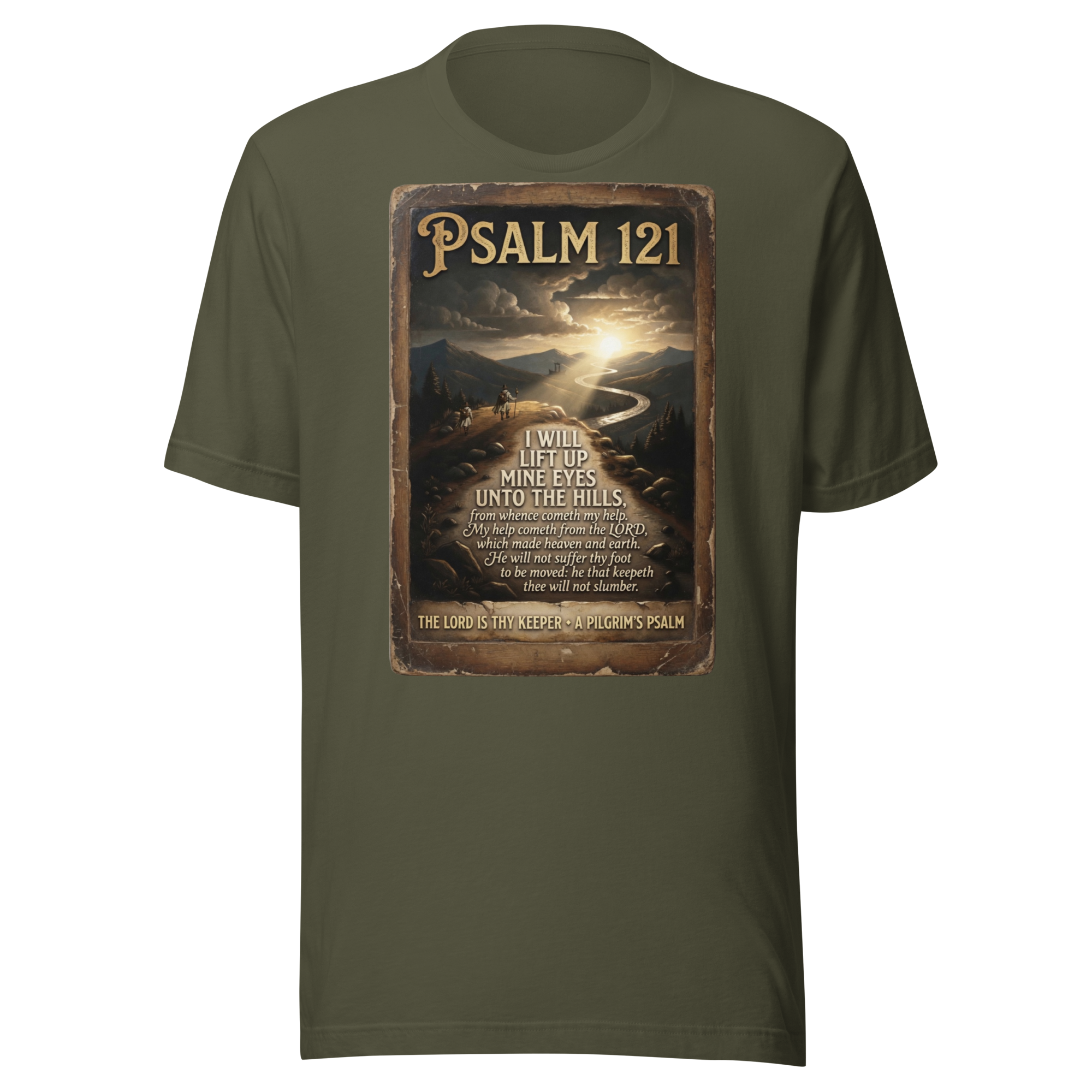 Camino de Santiago t-shirt in military green with Psalm 121 pilgrim scripture design — faith-inspired apparel