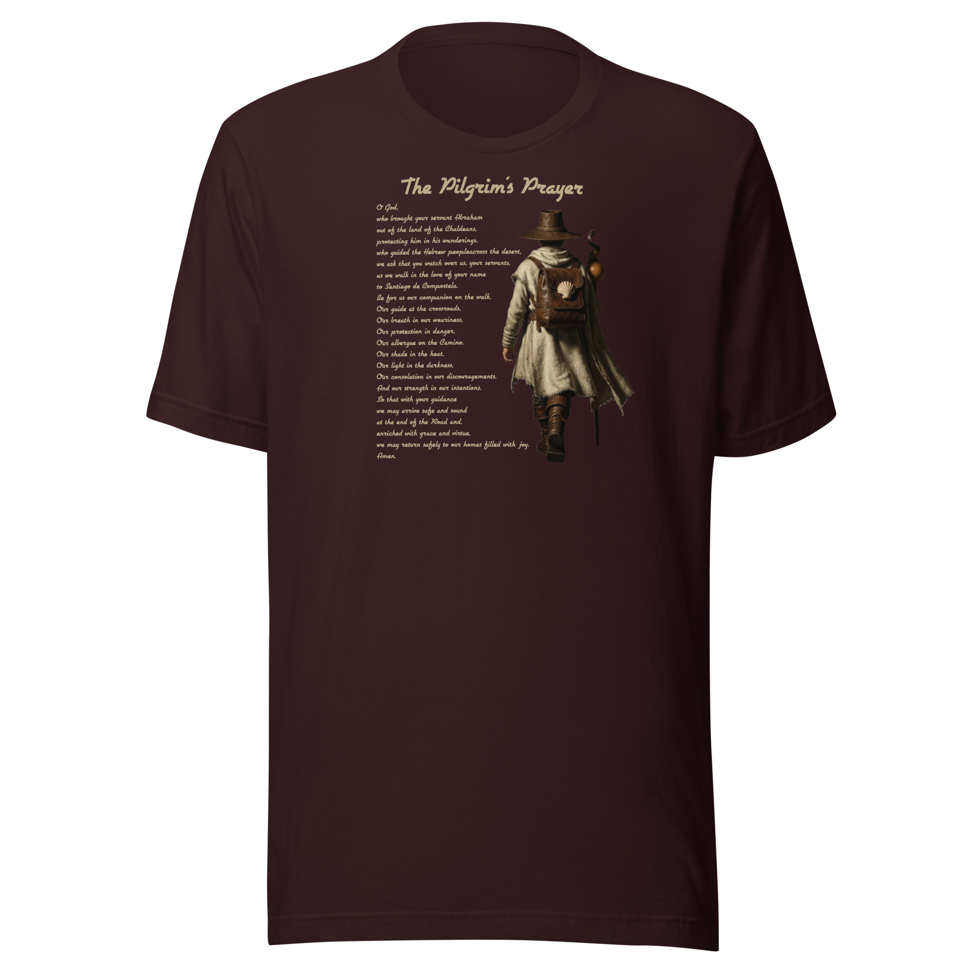 The Pilgrim's Prayer Camino de Santiago faith t-shirt in Oxblood Black — pilgrim gift
