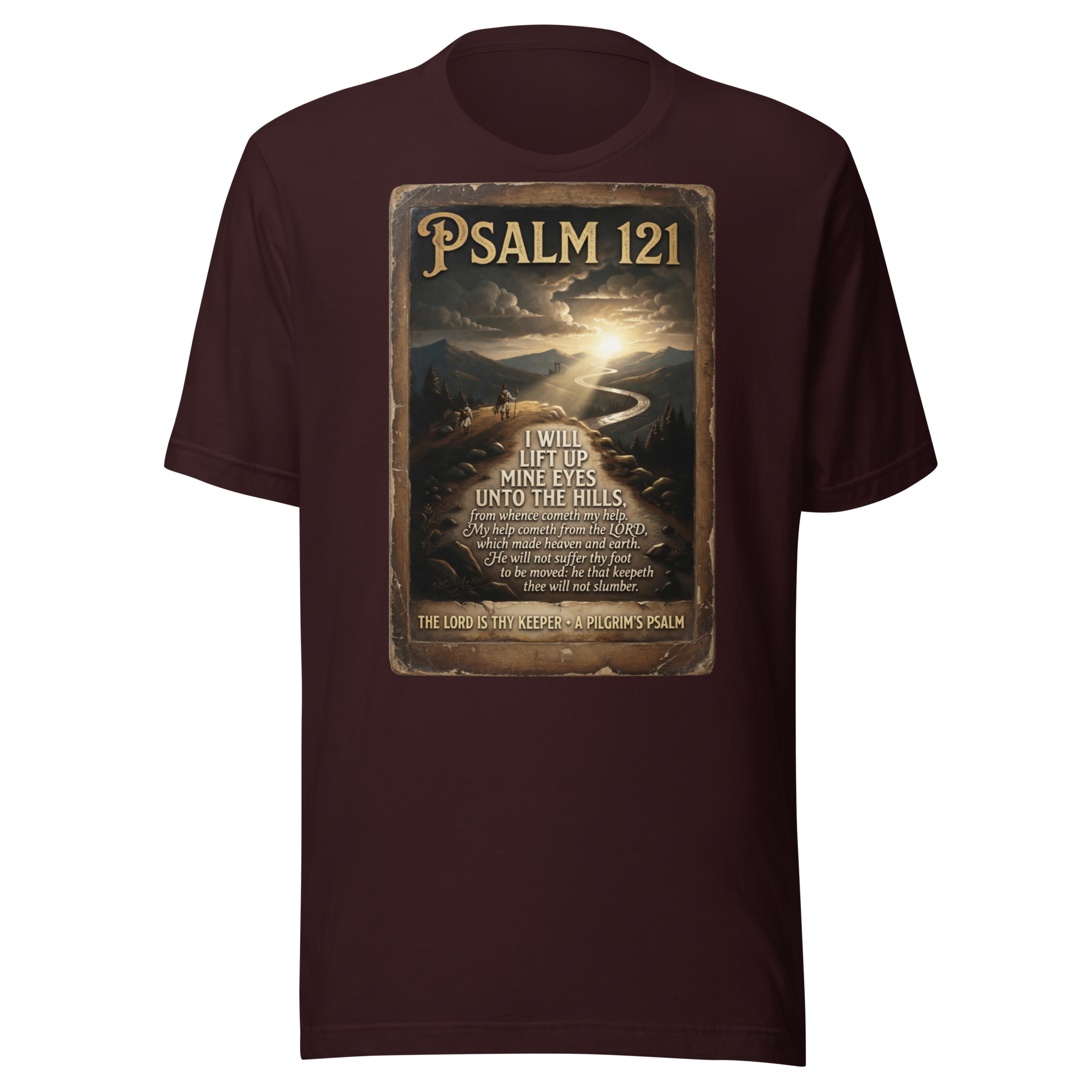 Camino de Santiago t-shirt in oxblood black with Psalm 121 pilgrim scripture design — faith-inspired apparel