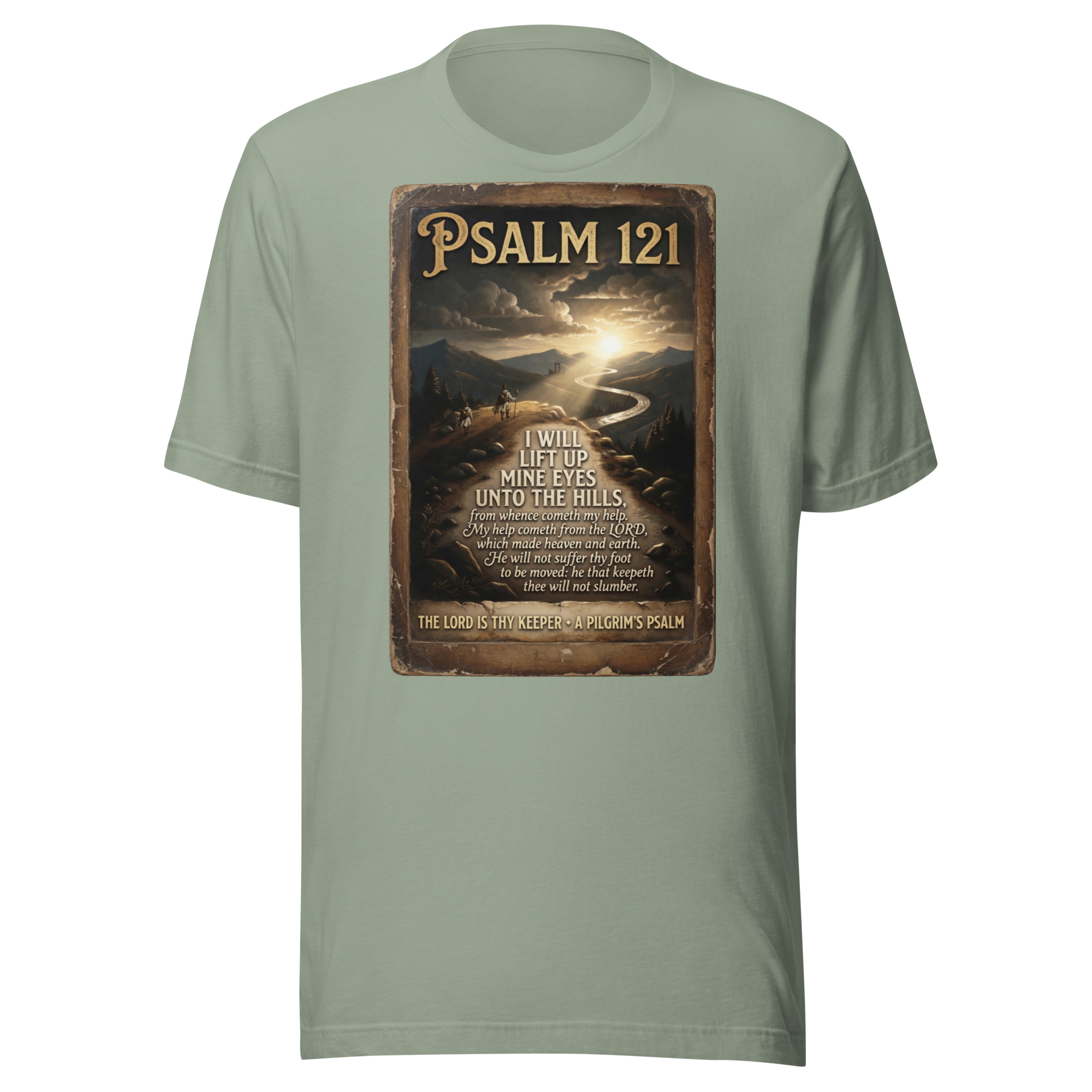 Camino de Santiago t-shirt in sage with Psalm 121 pilgrim scripture design — faith-inspired appare