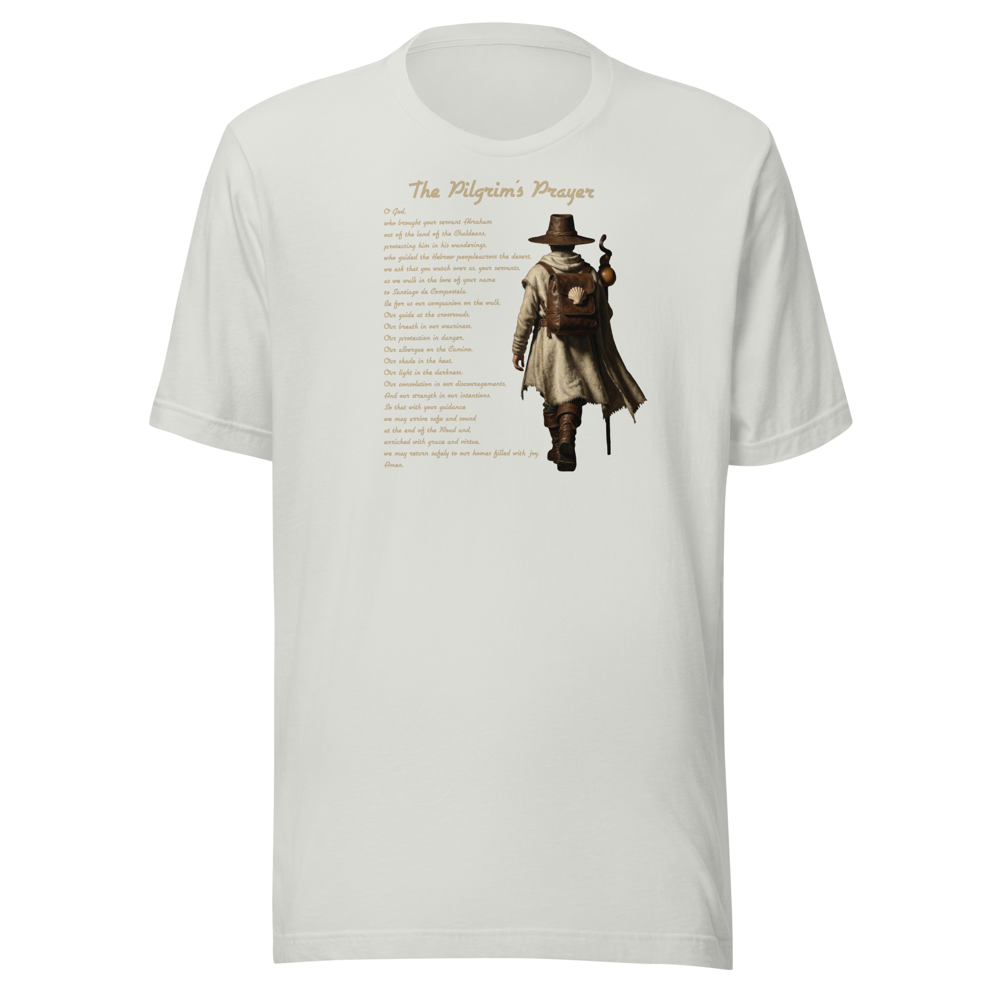 The Pilgrim's Prayer Camino de Santiago faith t-shirt in Silver  — pilgrim gift