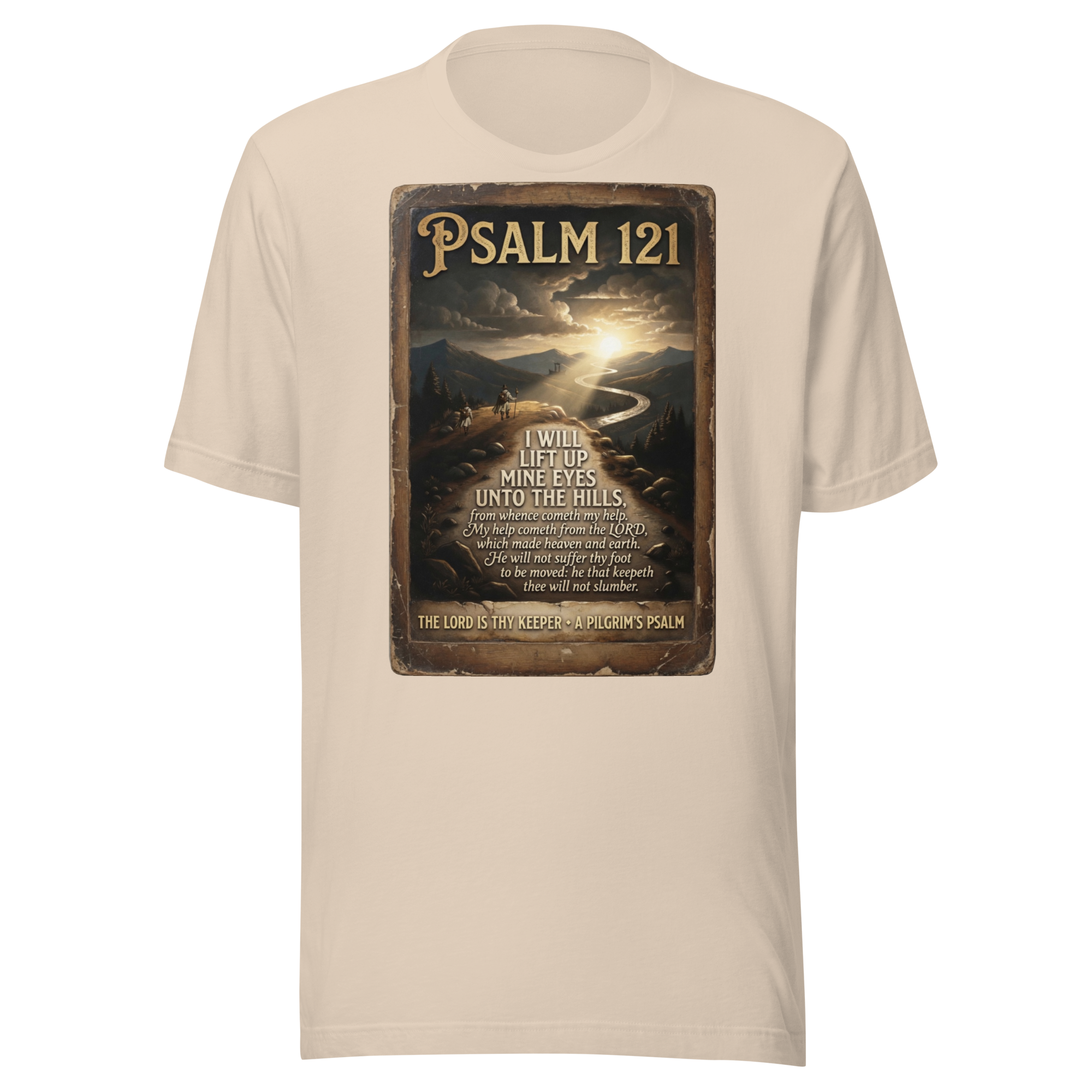 Camino de Santiago t-shirt in soft cream with Psalm 121 pilgrim scripture design — faith-inspired apparel