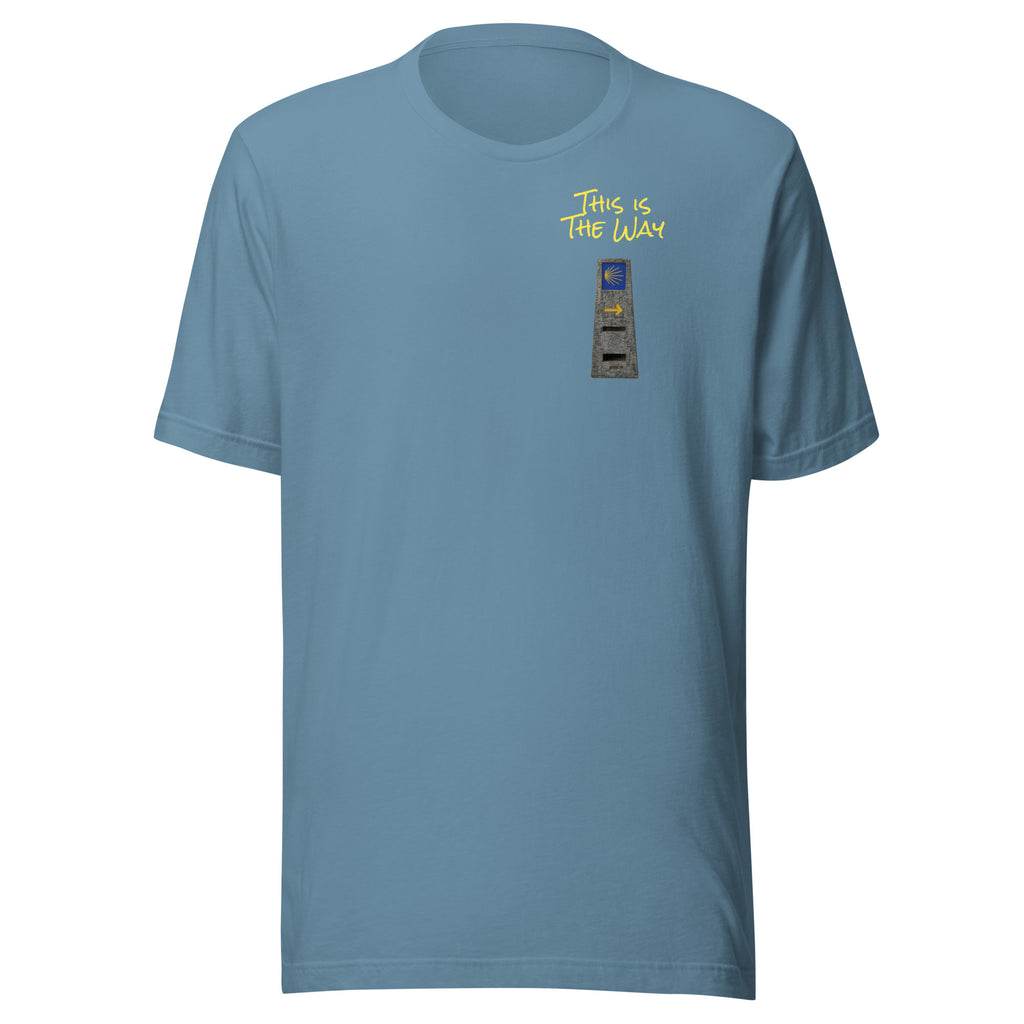 El Camino Milestone This is the Way Camino de Santiago faith t-shirt in Steel Blue — pilgrim gift