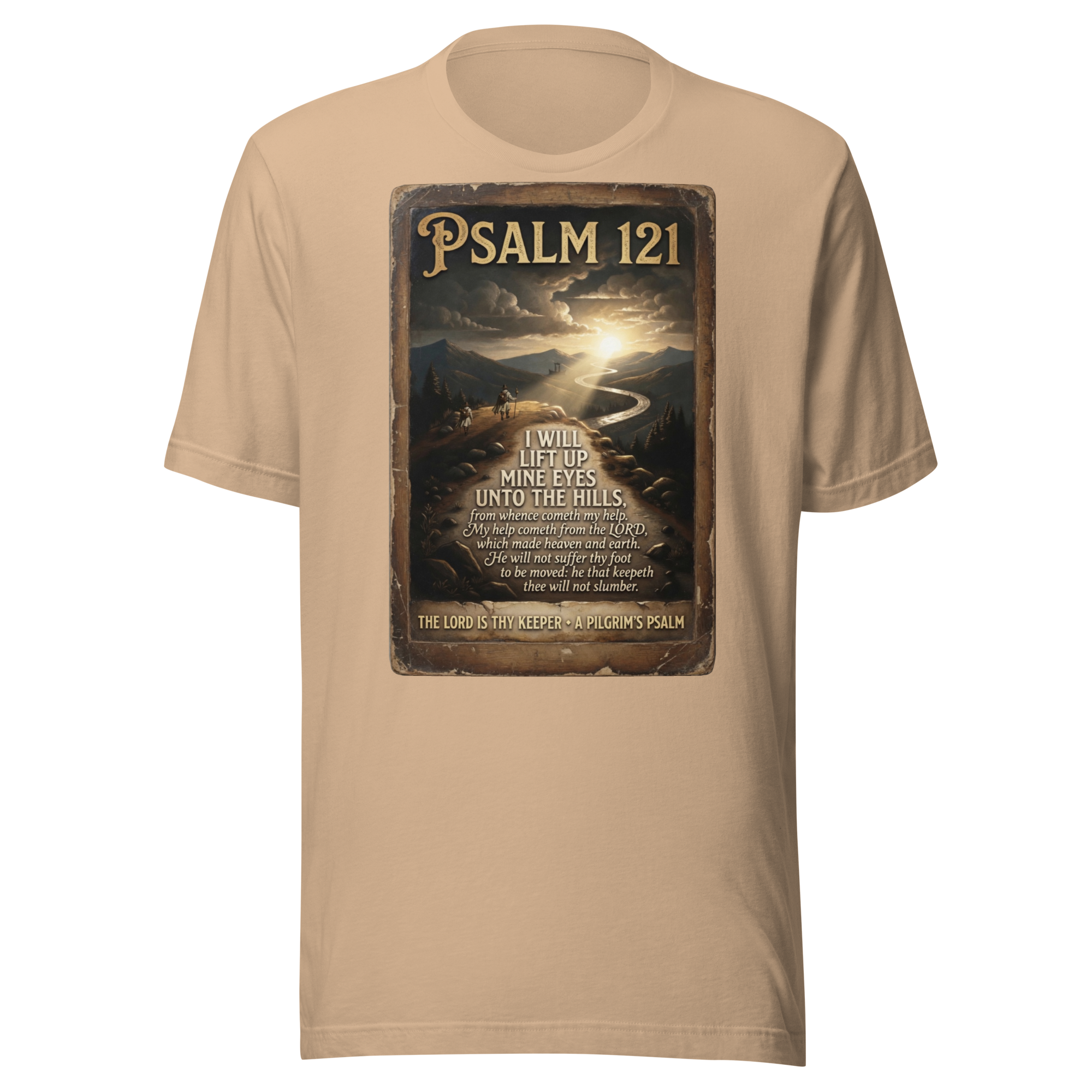 Camino de Santiago t-shirt in tan with Psalm 121 pilgrim scripture design — faith-inspired apparel
