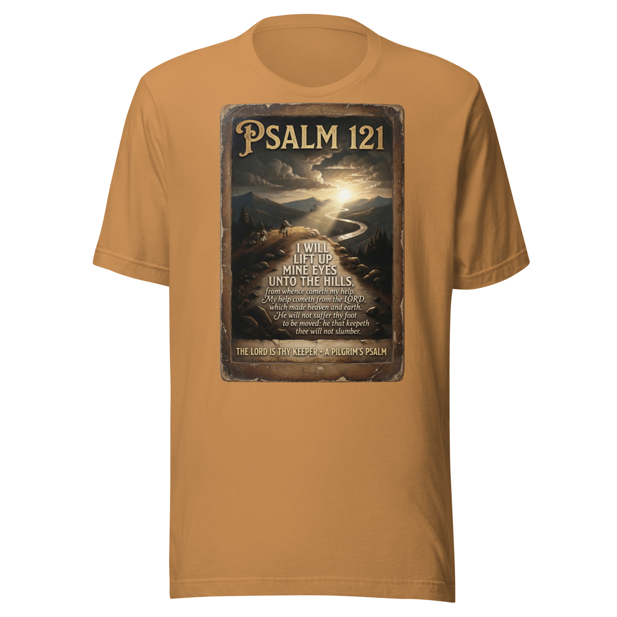Camino de Santiago t-shirt in toast with Psalm 121 pilgrim scripture design — faith-inspired apparel