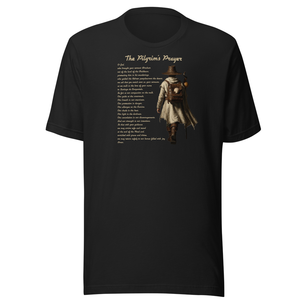 The Pilgrim's Prayer Camino de Santiago faith t-shirt in Vintage Black — pilgrim gift