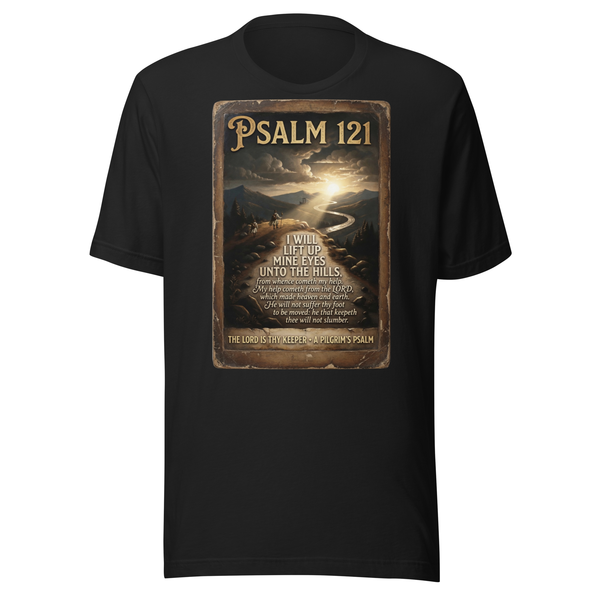 Camino de Santiago t-shirt in vintage black with Psalm 121 pilgrim scripture design — faith-inspired appare