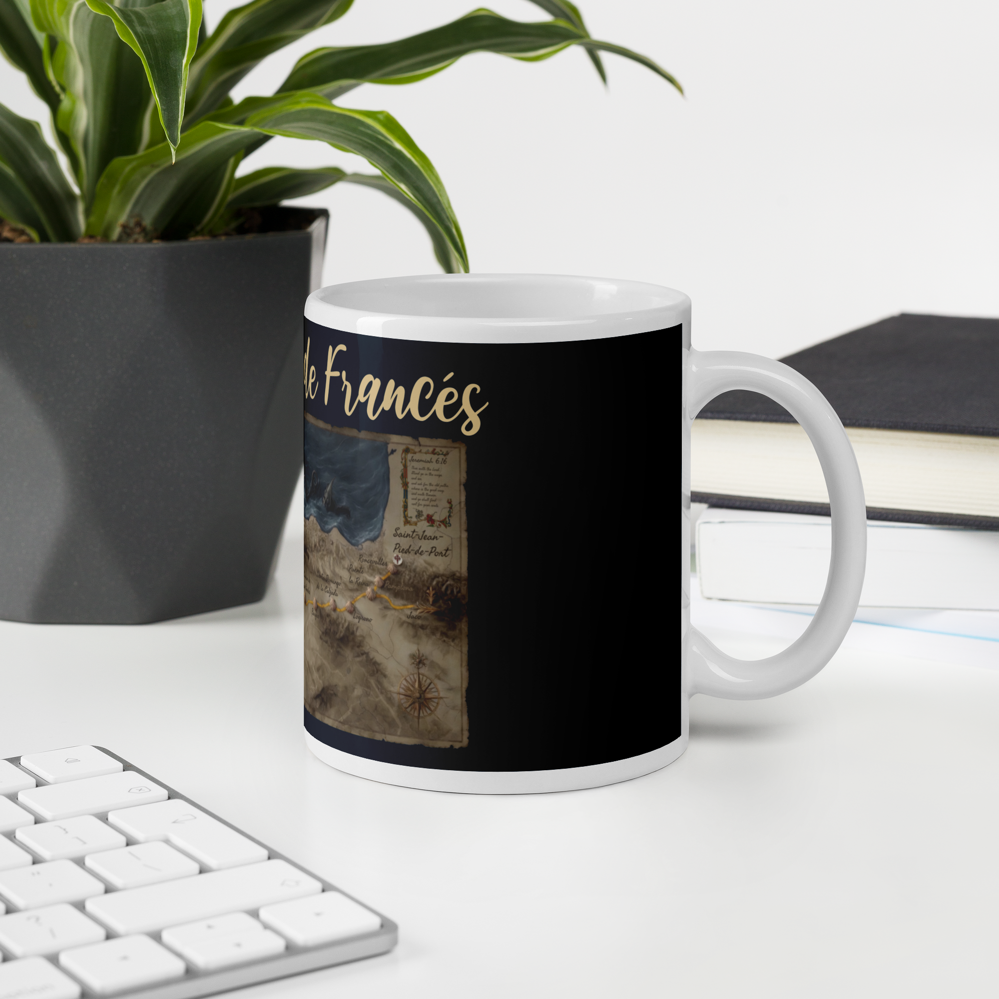 Camino de Santiago coffee mug with Jeremiah 6:16 scripture — faith-inspired pilgrim gift for walkers