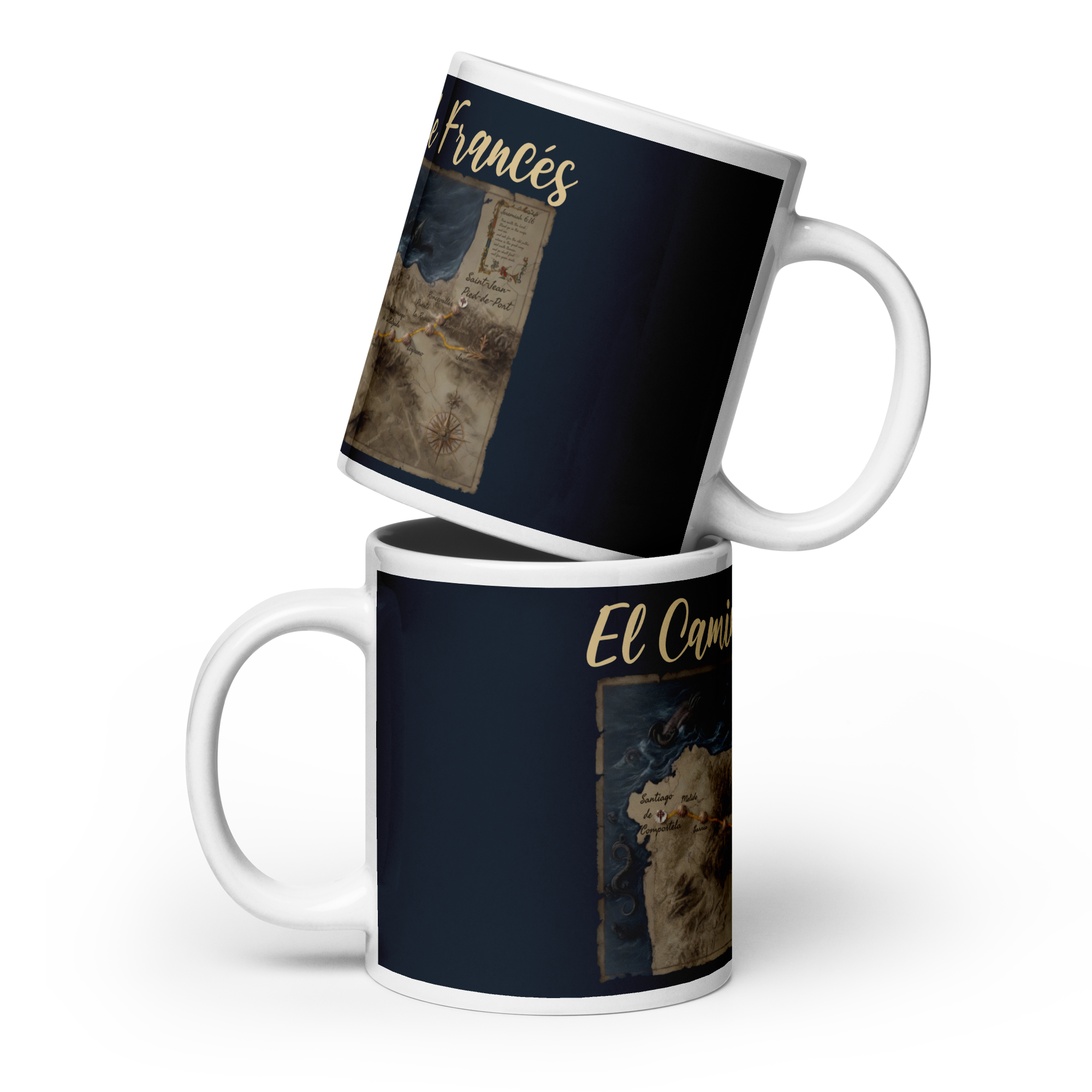 White 20oz El Camino Francés mug featuring Jeremiah 6:16 — Camino de Santiago drinkware gift